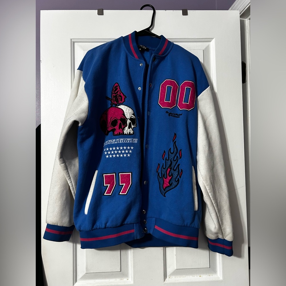 Blue and White Varsity Jacket with Patches